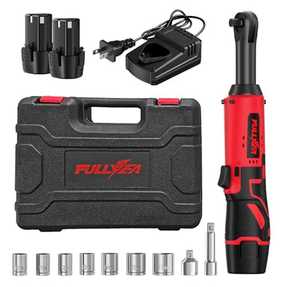 FULLYEA Electric Ratchet Wrench Set,12V Cordless Ratchet Wrench 3/8", 400 RPM Power Ratchet Tool Kit with LED Light, 7 Sockets, 1/4" adapter, 2 Packs 2000mAh Battery and Fast Charger