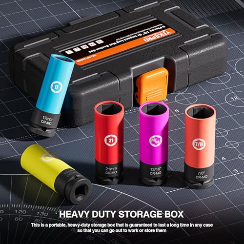 5 Pieces 1/2 inch Drive Impact Lug Nut Socket, Metric/SAE 17mm 19mm 21mm 13/16’’ 7/8’’ Thin Wall Deep Socket Set with Non-Marring Wheel Protectors - size: Metric/SAE