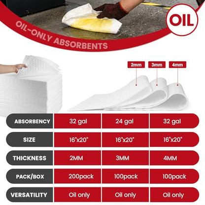 Oil Absorbent Pads Roll | 16"x20" Oil-Only Spill Mat 100-Pack | Industrial Spill Control for Oil & Fuel(24 Gal/Box) | Repels Water Absorbing Rolls - color: 100pack 3mm Thickened/Oil Only rolls(16"x20")