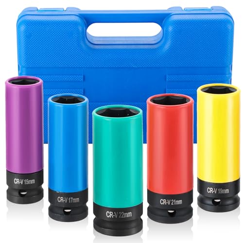 Ultimate Wheel Protector Impact Socket Set | 1/2'' Drive Lug Nut Socket, Non-Marring Thin Wall Design, CR-V Alloy,Color-Coded Protective Sleeve,6-point(15 17 19 21 22 mm)