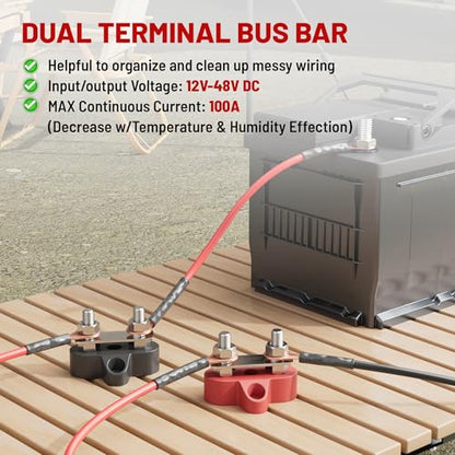 RED WOLF 12V 100A Power Distribution Block 1/4" Dual Stud Busbar M6 Terminal Bus Bar 12 Volt DC Battery Junction Post for Auto Boat Marine Solar System Positive and Negative (2PC) - size: Dual M6 Stud
