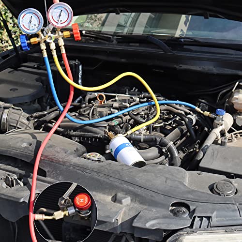 AC Manifold Gauge Set, 3 Way Car HVAC R134a R404a Refrigerant Charging Tool Kit, with Hoses Quick Coupler Adapter Can Tap Case, for Auto Air Conditioner Freon Diagnostic Test and Recharge