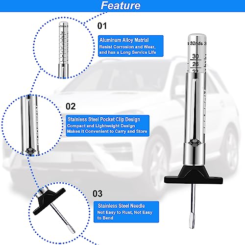 GODESON Tire Tread Depth Gauge,Metal Tread Depth Gauge with Clip,Tire Depth Gauge 32nds for car, Truck, Vehicle, Motocycler etc(Pack of 2) - color: silver