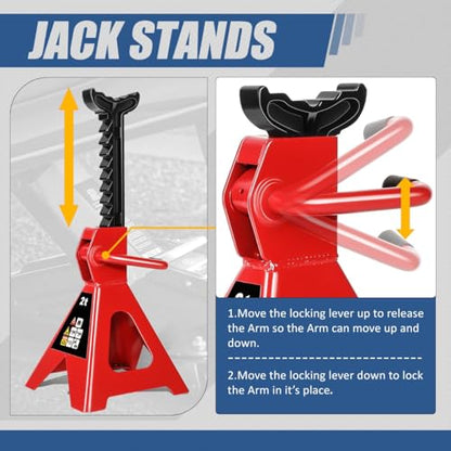 Auto Dynasty 2 Ton (4000 lbs) Capacity Floor Jack Low Profile Garage Hydraulic Trolley Service Lift Floor Jack Combo with Ratchet Jack Stands for SUV, Car and Truck, Red - color: Red