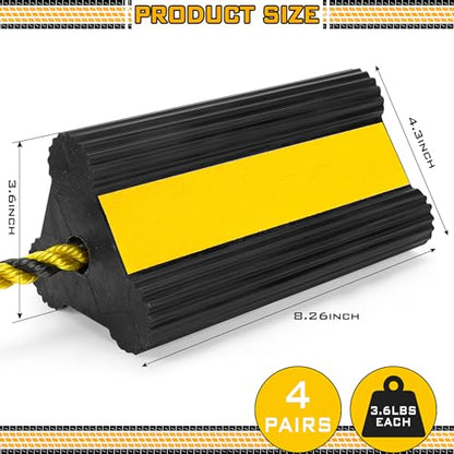 4 Pair Heavy Duty Wheel Chocks for RV Trailer, Rubber Wheel Stoppers, Dual Blocks, Non Slip Tire Chock with Nylon Rope Reflective Tape for RV Camper Travel Trailers Car Truck (Yellow)