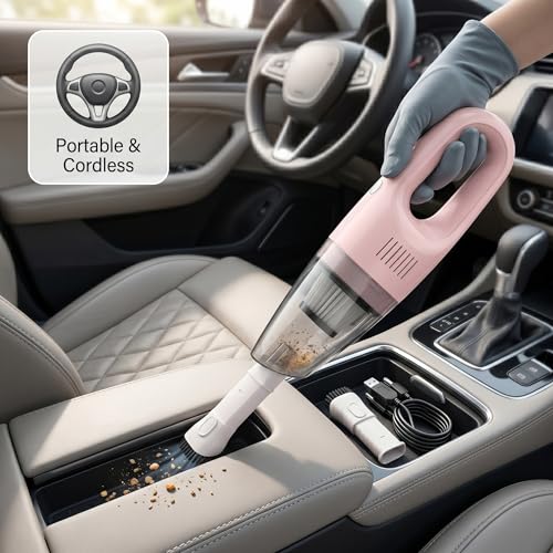 Pink Cordless Portable Car Vacuum Cleaner, High Power Handheld Vacuum | Rechargeable Lightweight Desk Duster Detailing Kit for Auto Interior & Kitchen, Aesthetic Car Accessories for Women