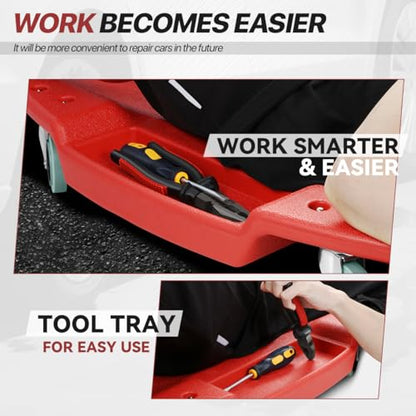 Mechanic Creeper 47 Inch, Low Profile Under Car Rolling Creeper with Padded Headrest and Tool Trays, 300 LBS Capacity, Ergonomic Body Design, Red