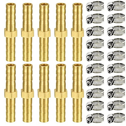 Joywayus 3/8" ID Hose Barb Fitting Hex Union Brass Fitting Water/Fuel/Air with 20 Stainless Steel Clamps(Pack of 10) - size: 3/8 Inch, style: 10PCS