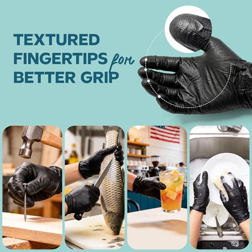 GUSTO Black Nitrile Gloves - Disposable Heavy Duty 6 Mil | Latex-Free, Powder-Free, Textured Fingertips, Food Safe, Flexible Fit, Cooking, Cleaning, Mechanics & Salon - size: X-Large