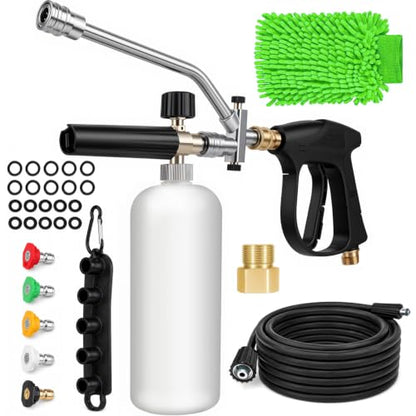 XOOL Pressure Washer Foam Cannon with Dual Connector, Car Wash Foam Gun Kit 1/4 Inch Quick Connector with 5 Power Washer Sprayer Nozzles, 5M Water Hose, Adapter, Cleaning Gloves, 1 Liter
