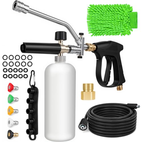 XOOL Pressure Washer Foam Cannon with Dual Connector, Car Wash Foam Gun Kit 1/4 Inch Quick Connector with 5 Power Washer Sprayer Nozzles, 5M Water Hose, Adapter, Cleaning Gloves, 1 Liter
