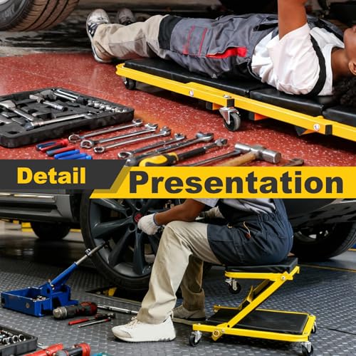Low Profile Creeper with 6 Swivel Casters and Waterproof Seat Cushion, 36" Foldable Creeper for Garage Shop Warehouse, 2 in 1 Under Car Creeper Seat 330lbs Max Weight Capacity, Yellow