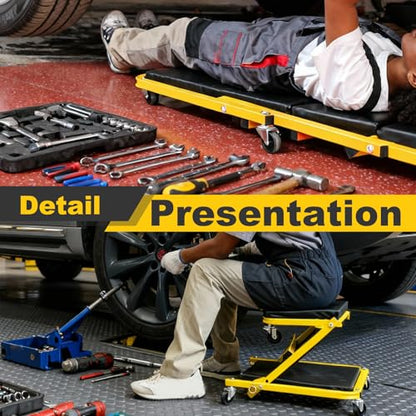 Low Profile Creeper with 6 Swivel Casters and Waterproof Seat Cushion, 36" Foldable Creeper for Garage Shop Warehouse, 2 in 1 Under Car Creeper Seat 330lbs Max Weight Capacity, Yellow