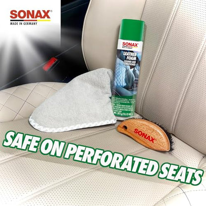 SONAX Leather Foam 289300 | 2 in 1 Aerosol Leather Cleaner and Conditioner | Safe to Use on Perforated Air Conditioned/Heated Seats | UV Protection Prevents UV Damage | 13.02 oz