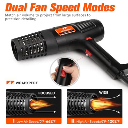 WRAPXPERT Heat Gun for Vinyl Wrap 1600W 122℉-1202℉ with 2 Air Speeds Variable Temperature, Fast Heating Heavy Duty Hot Air Gun for Car Wrap, Window Tint, Crafts, Shrinking Tubing, Stripping Paint - color: Black