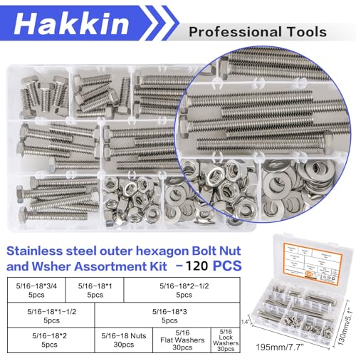 120PCS 5/16-18 Hex Bolts and Nuts Kit, Stainless Steel 5/16" Nuts and Bolts Assortment Kit, Flat & Lock Spring Washers Set Screw Assortment Kit, Machine Screws Set with Storage Case - size: 120PCS 5/16-18 Hex Bolts Silver