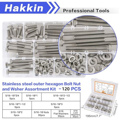 120PCS 5/16-18 Hex Bolts and Nuts Kit, Stainless Steel 5/16" Nuts and Bolts Assortment Kit, Flat & Lock Spring Washers Set Screw Assortment Kit, Machine Screws Set with Storage Case - size: 120PCS 5/16-18 Hex Bolts Silver