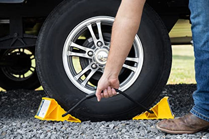 Camco Dual Standard RV Wheel Chock w/Rope - Heavy Duty Trailer Wheel Chock Constructed of Durable Plastic w/UV inhibitors - Features Rope Handle for Easy Removal - Use w/Tires Up to 26-in – 44470 - size: Dual Standard w/ Rope