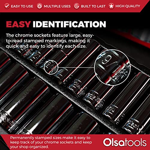 Olsa Tools SAE Deep Socket Set - 1/2-Inch Drive, 18pc - 6-Point Chrome Sockets from 3/8" to 1-1/4" and No Skipped Sizes - Mechanic Deep SAE Socket Set - Professional Grade Long Sockets - Part: 1319 - color: Sae Deep, size: 15pc, 1/2-Inch Drive