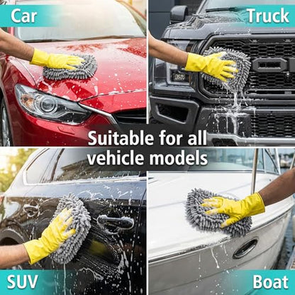RAINFLOW Microfiber Car Wash Pads 2 Pack - Chenille Cleaning Cloths for Car | Gray Soft Absorbent Wash Mitt Pads for Gentle Cleaning, Reusable Auto Detailing Supplies for Motorcycles Boats