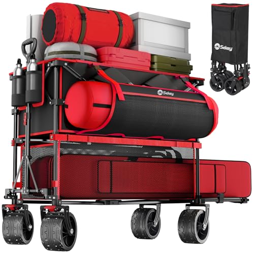 Sekey 500LBS Heavy Duty Double Decker Wagon with Extender, 400L Large Capacity Collapsible Garden Cart Fits 10x10 Canopy, All-Terrain Big Wheels with Brakes, Foldable Utility Wagon for Sports, Camping - color: Red