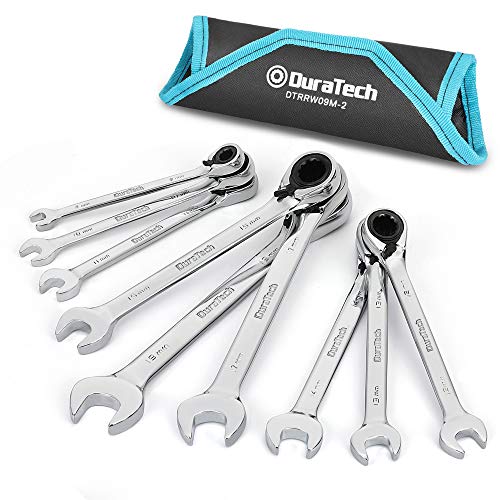 DURATECH Reversible Ratcheting Combination Wrench Set, Metric, 9-Piece, Open end Spanner with Rolling Pouch, 8 mm to 19 mm, 12 Point, CR-V Steel - size: Metric