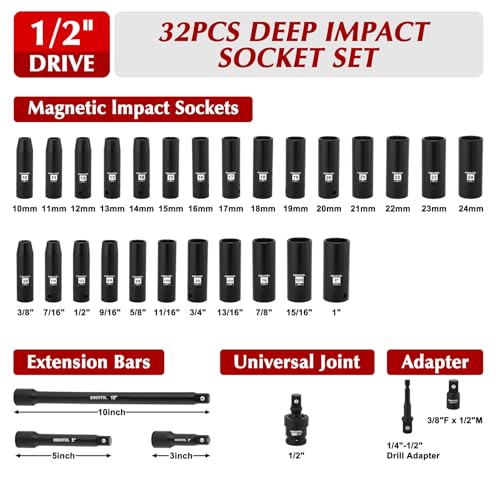 EMENTOL 32PCS 1/2" Drive Socket Set, Deep Impact Sockets, SAE(3/8"-1") and Metric(10-24mm), Including Extension Bars, Universal Joint, Drill&Socket Adapter, 12 Point Design, Cr-V Steel - size: 1/2" Drive Metric(10-24mm) & SAE(3/8"-1"),Deep