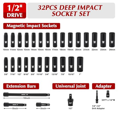 EMENTOL 32PCS 1/2" Drive Socket Set, Deep Impact Sockets, SAE(3/8"-1") and Metric(10-24mm), Including Extension Bars, Universal Joint, Drill&Socket Adapter, 12 Point Design, Cr-V Steel - size: 1/2" Drive Metric(10-24mm) & SAE(3/8"-1"),Deep