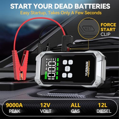 Jump Starter with Air Compressor, 9000A 160PSI Battery Booster Pack | For 12V vehicles, ALL gas and 10.0L diesel, with display, smart clamps, tire inflator, 2 USB-A ports, and 2 LED lights - size: F04