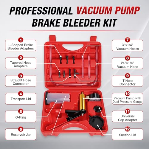 GaRhomxy Brake Bleeder Kit, Hand Vacuum Pump with Adapters & Pressure Gauge, One Man Automotive Brake Bleeding Tool Set for Car Motorcycle Truck Brake Fluid Maintenance (Red) - size: 15PCS