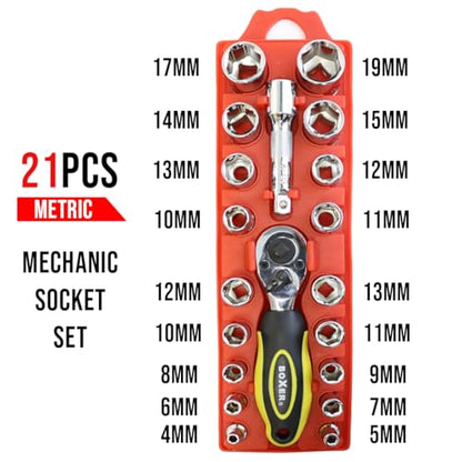 BoxerTool 21 Piece 1/4" & 3/8" Dual Head Ratchet Socket Mechanic Tool Set - Compact Wrench Set