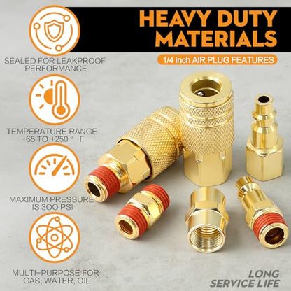 1/4" NPT Air Fittings Kit 22 Pcs — Male & Female Couplers and Plugs, 360° Swivel Coupling, Hex Extension Nipple, Tube Cutter| Air Compressor Accessories for Pneumatic Tools, Nail Gun, Spray Gun - size: 22 PCS