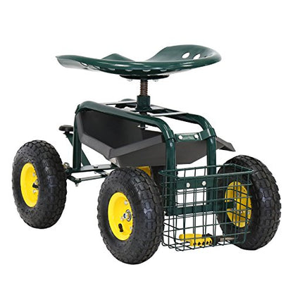 Kinfant Rolling Garden Cart with Seat - Garden Scooter Rolling Stool Gardening Cart with Tool Storage Basket & Swivel Seat - color: Green&yellow