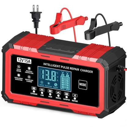 12V 15A Car Battery Charger - Smart Automatic Trickle Charger Battery Maintainer for Car Battery with Pulse Repair & LCD Display, Compatible with Lithium/CAR/AGM/Moto/LiFePO4 Batteries - color: Red