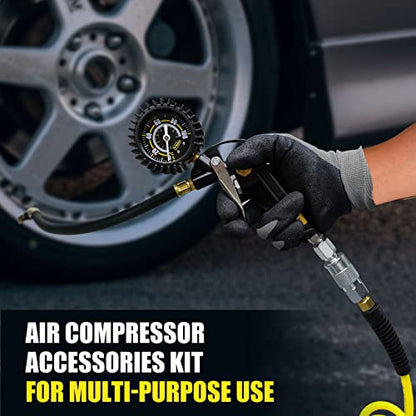 18 Pieces Air Compressor Accessories kit, 1/4 in x 25 ft Recoil Poly Air Compressor Hose Kit, 1/4" NPT Quick Connect Air Fittings, 100 PSI Tire Inflator Gauge, Blow Gun, Couplers and Plugs