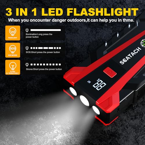 Scatach 3000A Car Battery Jump Starter,12V Jump Starter Battery Pack Portable (up to 9.0L Gasoline and 7.0L Diesel Engine), Jump Box with 3 Modes Flashlight and Jumper Cables - color: red