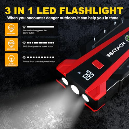 Scatach 3000A Car Battery Jump Starter,12V Jump Starter Battery Pack Portable (up to 9.0L Gasoline and 7.0L Diesel Engine), Jump Box with 3 Modes Flashlight and Jumper Cables - color: red