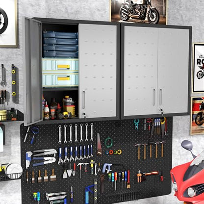 Metal Storage Cabinet for Garage, Tool Cabinet, Utility Cabinet | Wall Mounted, Hanging Tool Cabinet, Lockable, 2 Doors, Adjustable Shelves, Assembly Required, Black & Grey - color: Black & Grey