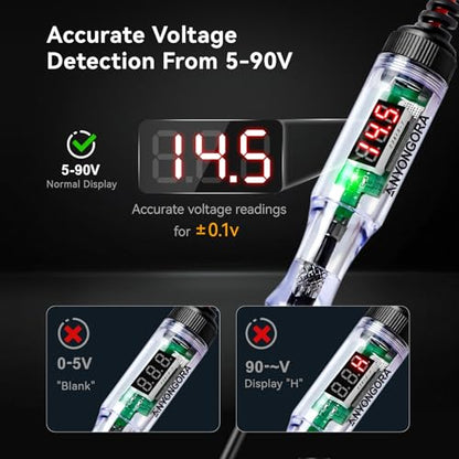 Anyongora Automotive Test Light with 5-90V LED Digital Display,Auto Circuit Tester with Voltmeter & Dual Color Polarity Indicate, Electric Test Pen W/Stainless Probe for Car/Truck/SUV Checker