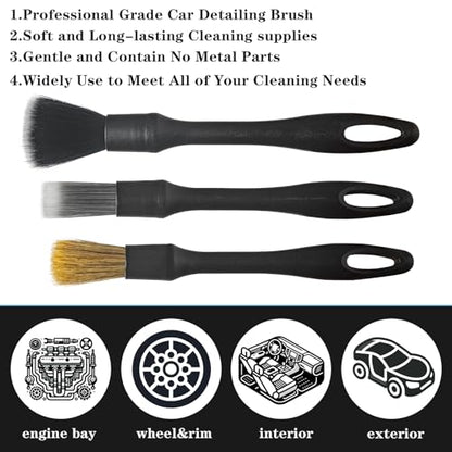 Detailing Brush Set, 3Pack Car Detailing Brushes for Dashboard Engine Bay Air Vents Leather Seat Wheel Vehicle Motorcycle Boars Hair Interior Detail Brush with Conversion Elbow, Black