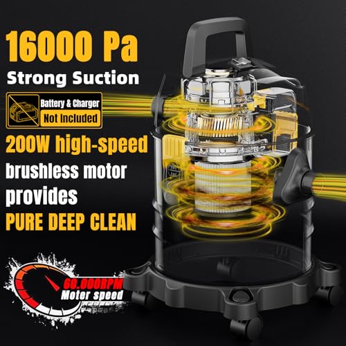 4 Gallon Cordless Shop Vac, Cordless Shop Vacuum Wet and Dry with 16 Kpa Strong Suction & Blower, Battery Powered Shop Vac for Car, Home and Garage (Tool Only)