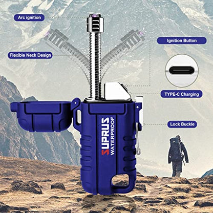 SUPRUS Waterproof Lighter Windproof Lighter Arc Plasma Lighters USB-C Rechargeable with Expandable and Flexible Neck for Outdoor, Camping & Kitchen (Blue) - color: Blue