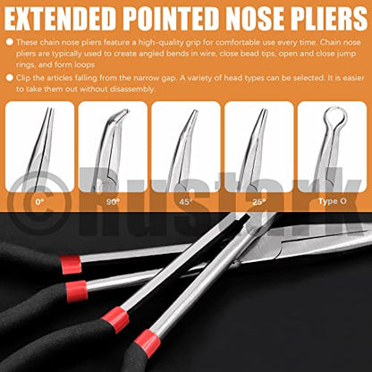 5Pcs 11 inch Long Needle Nose Pliers Set Automotive Heavy Duty Long Reach Hose Pliers - Straight, 25, 45, 90 Degree Angle, Circle for Easy Removing and Installing Spring Clips Lines Hoses