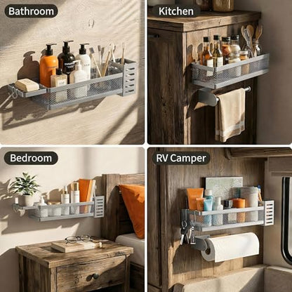 PUSDON 5-in-1 Wide Wall Mount Wrapped Mesh Kitchen Organizer & Shower Caddy Kit, with Paper Towel Holder, Utensil Holder, Soap Dish, Heavy Duty 50LBS - Silver Gray, Netting - color: Silver Grey, size: 5-in-1 Full Mesh (12.6" Wide)