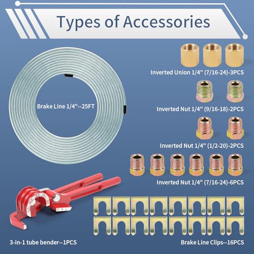 1/4" 25FT Zinc Coated Brake Line Kit with Inverted Nuts and Unions, 3 in 1 Tube Bender, Brake Line Clips, Copper Coil Repair Kit for Car Industrial Hydraulic Brake Systems(Silver) - color: Silver, size: 0.25 Inch