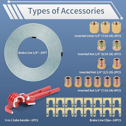 1/4" 25FT Zinc Coated Brake Line Kit with Inverted Nuts and Unions, 3 in 1 Tube Bender, Brake Line Clips, Copper Coil Repair Kit for Car Industrial Hydraulic Brake Systems(Silver) - color: Silver, size: 0.25 Inch