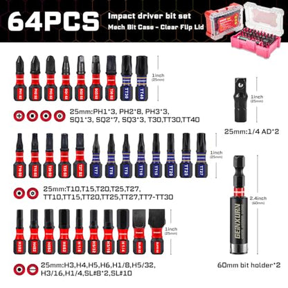 Geinxurn 64Pieces Impact Screwdriver Bits Set, S2 Steel Magnetic Phillips/Slotted/Square/Torx/Hex Muliti Insert Bits Tips Set with Impact Bit Holder and 1/4”Socket Adapter(Storage Box Case) - style: FQ064025-A