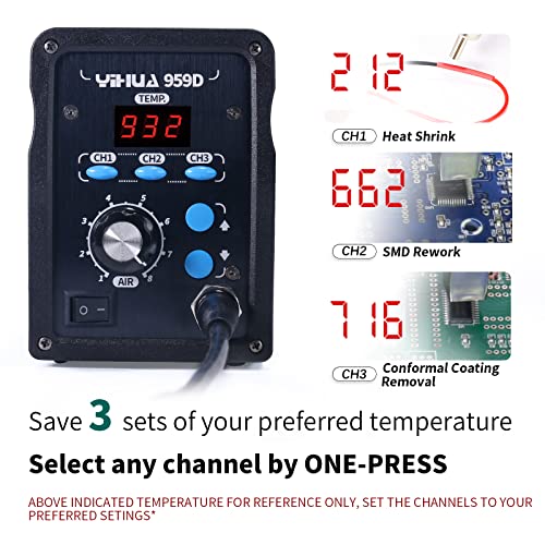 YIHUA 959D-Digital Hot Air Rework Station, High Power with 3 Memories, Airflow Efficiency, °F /°C Display, Accurate Temp.(212°F~932°F), Brushed Aluminum Panel & Safety Features