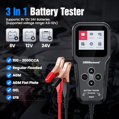 OBDResource Battery Load Tester, Professional Automotive Battery Analyzer | 6V/12V/24V 3 in1 Batteries With 100-2000 CCA Range For Battery Loading, Cranking And Charging Tests - color: black
