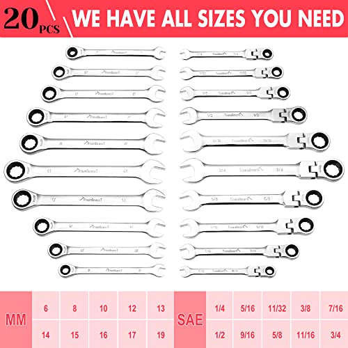 Towallmark 20-Piece Ratcheting Combination Wrench Set, Combo Ratchet Wrenches Set, 72 Teeth, SAE 1/4-3/4"& Metric 6-19mm, Chrome Vanadium Steel with Storage Bag